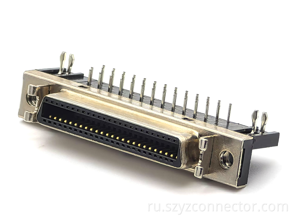 1.27mm SCSI Pin Type Female DIP 90° 50P Black Insulator Selective Gold Plated 5u" Without Latch